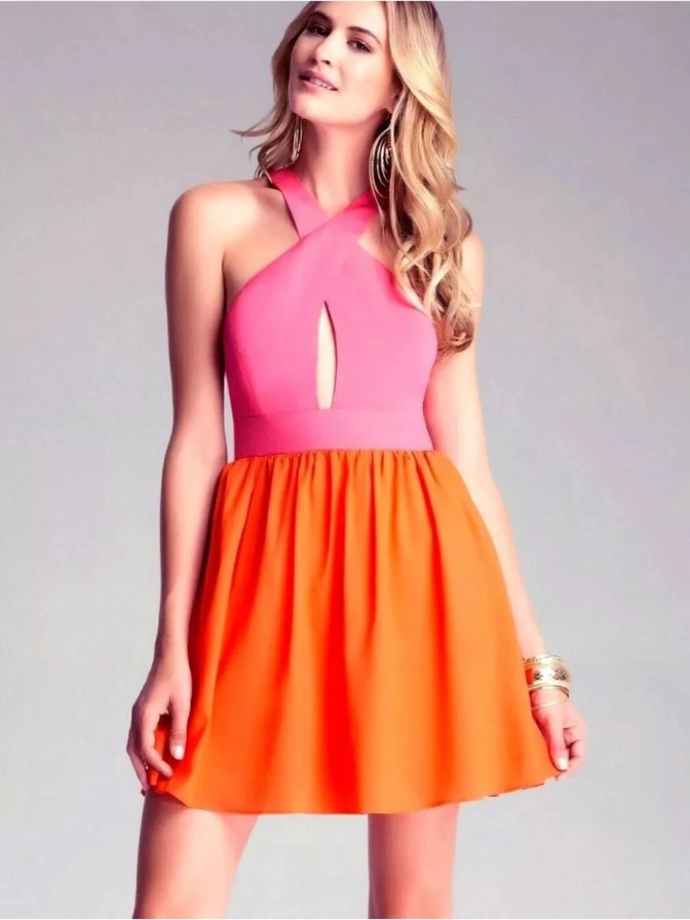 NWT Bebe Orange pink cross over neck cutout halter fit flare too dress